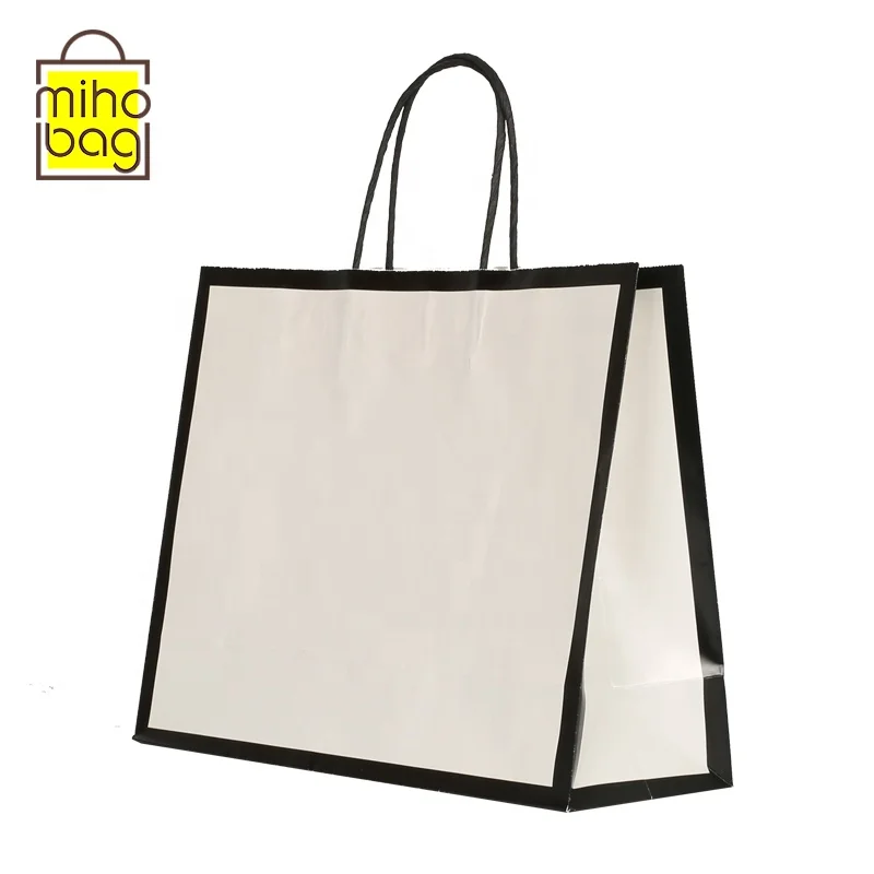 
good price white kraft paper with black frame design shopping paper bags with twist paper handles 