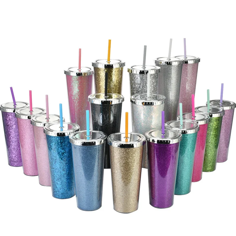 USA warehouse Stock 24oz Summer glitter Plastic tumbler Cold drink Color Changing Cup with lid and straw