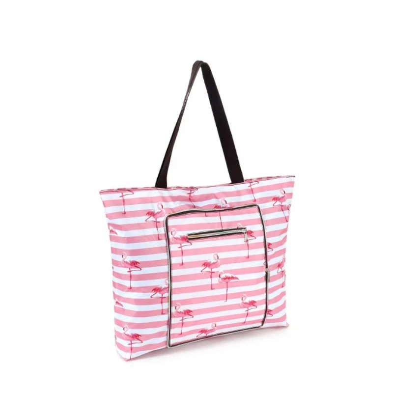 Factory new designer wholesale light weight ladies flamingo printed logo  handbag fold tote beach bag with zip