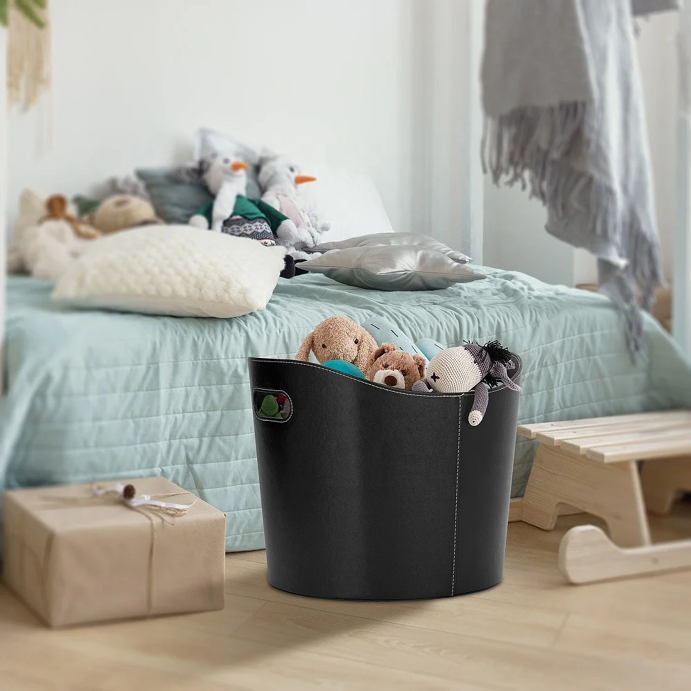 Black Sturdy Log Storage Bin Leather Firewood Basket with Handles
