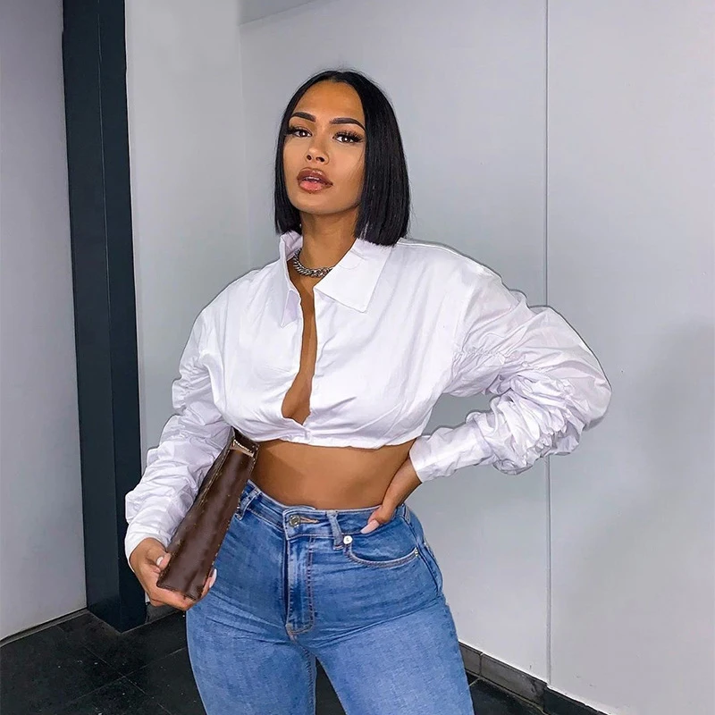 V Neck Ruched White Puff Sleeve Blouse Shirts Women Long Sleeve Fashion Fall 2023 Clothing Crop Blouses Solid Slim Hot