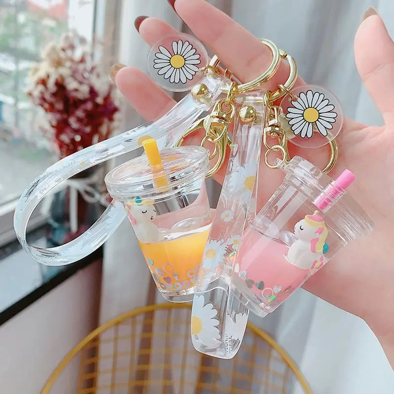 Glitter Quicksand Key Chain Liquid Floating Unicorn Keyring Keychain Bag Charm Milk Tea Cup Pendant Keyfob Gift for Women