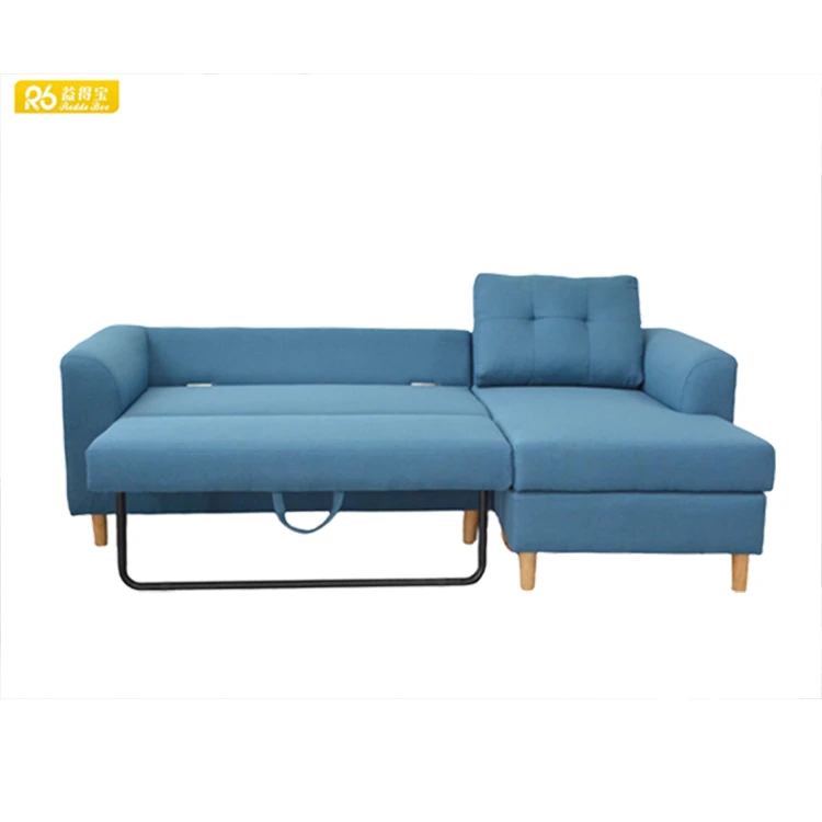 New Design Space Saving Sofa Beds Fabric Material L Shape Functional Living Room Furniture Linen Blue Sofa Bed