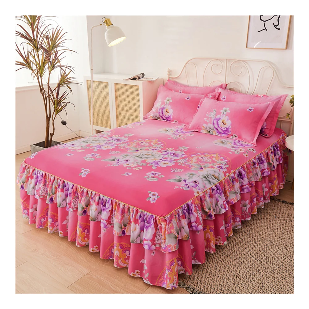 Cheap home 100% polyester bedspread bedding set sheet & pillowcase Bed Skirt set