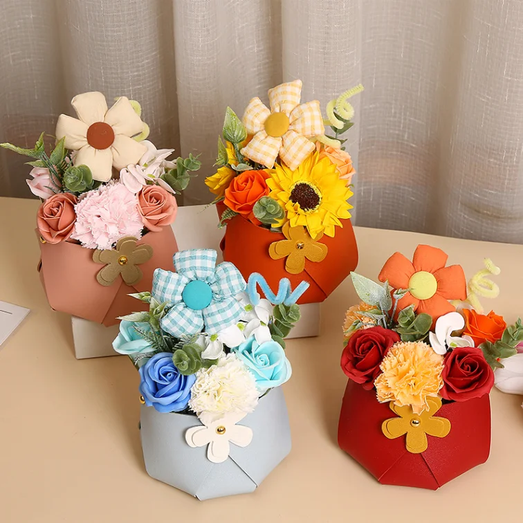 PU Leather Flower Holder Customizable Bouquet Basket Arabic Wedding Decorations Wedding Candy Package Bags Flowers Box