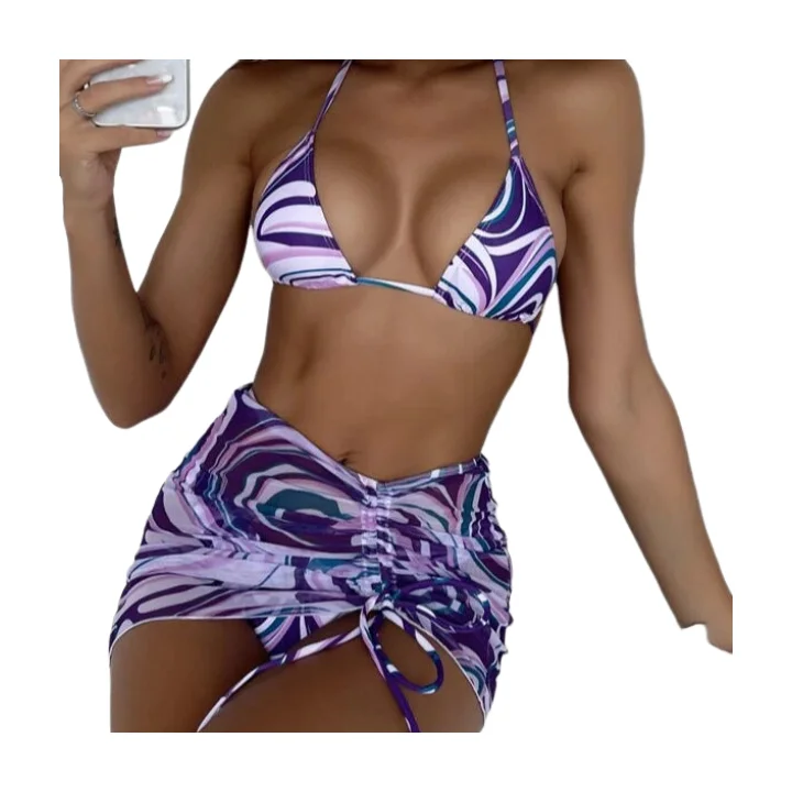2024 New Women  Designer Swimwear 3 Pack Allover Print Triangle Bikini Swimsuit Beachwear Beach Skirt