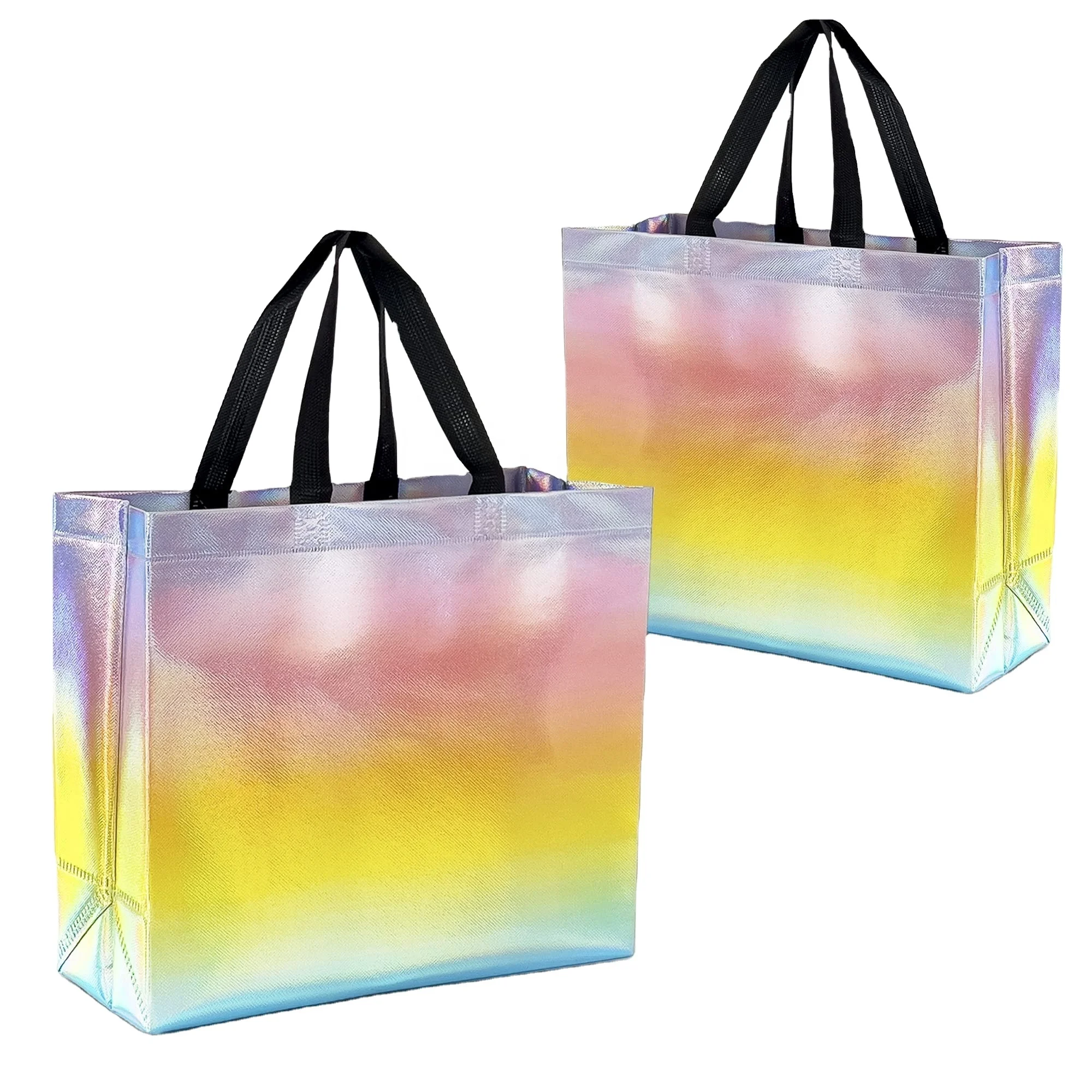 Reusable Pastel Rainbow Bag With Iridescent Finish  Colorful Holographic Party Favor Bags With Handles- Goodie Bags