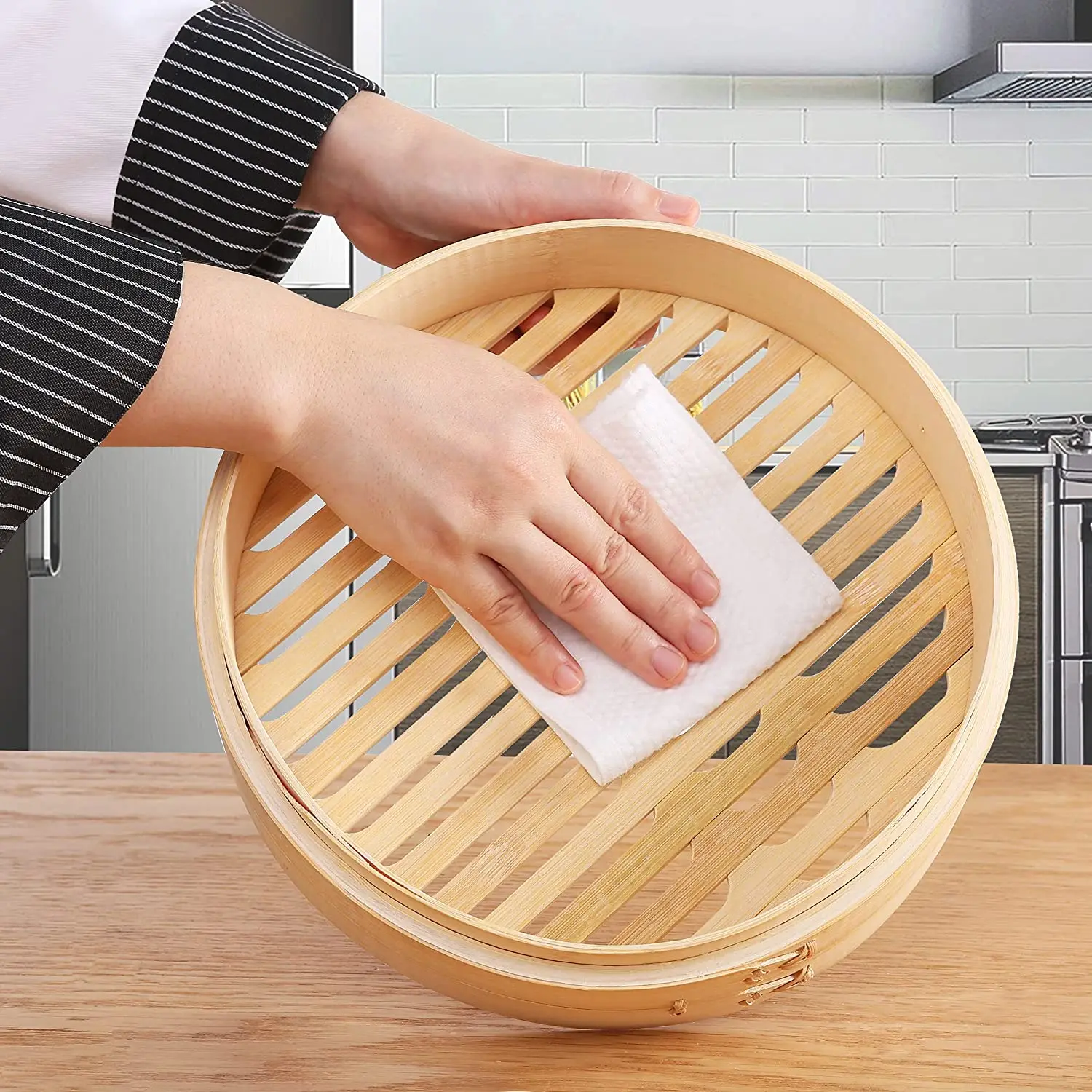 10 inch Bamboo Steamer Basket 2 Tier Food Steamer with 2 Sets of Chopsticks