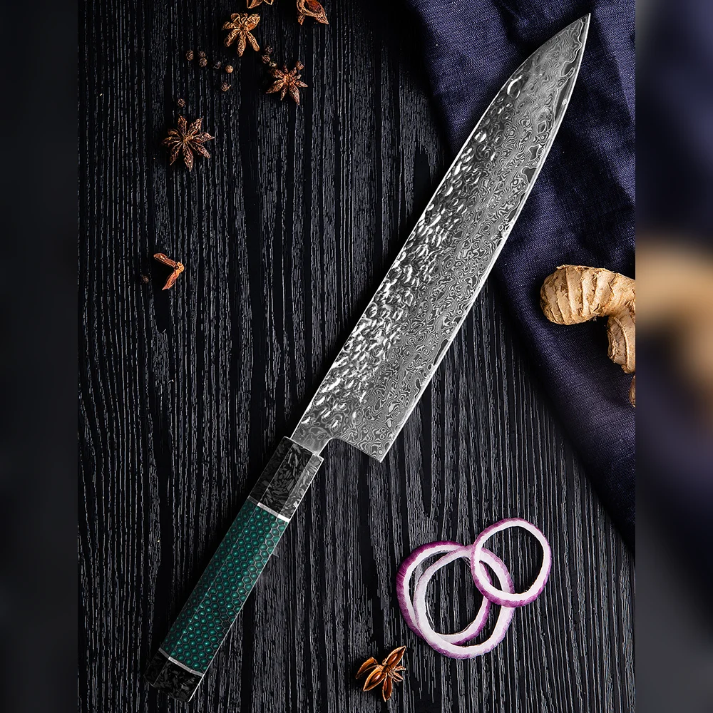 Elegant G10 Handle 9.5 inch Kitchen Sushi Knife Hammered Forged Slicing knife Japanese Damascus Steel Chef Knives