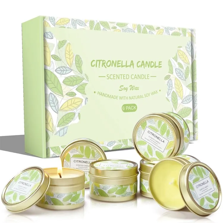 Gold tin cans Wholesale 6 Pack Gift Set Repellent Citronella Soy Wax candle