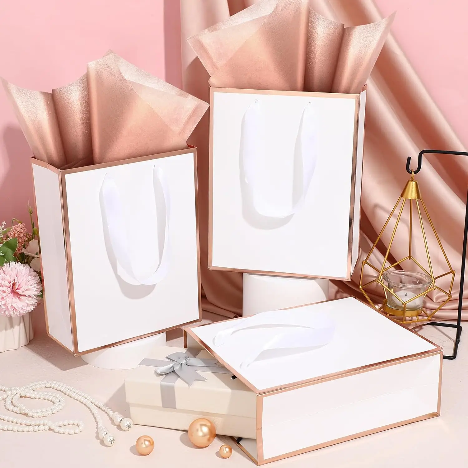 Customized Metallic Paper Gift Thank You Favor Bags with Handle logo for Bridal Shower Wedding Graduation Birthday Party