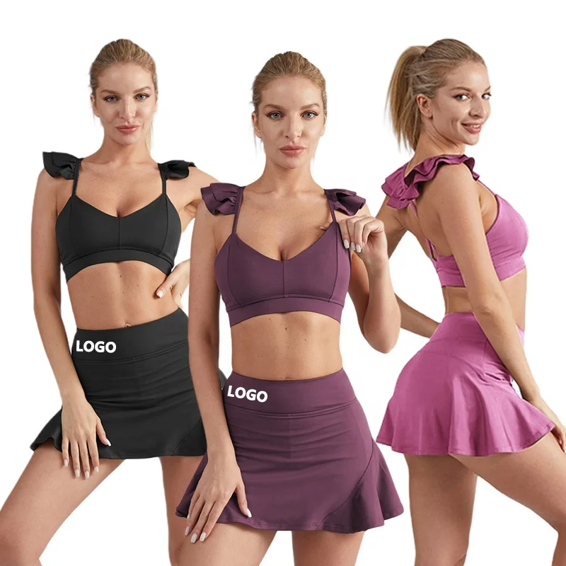 2022 Active Wear Summer Ruffles Tennis Set Woman Sport Skirts With Crop Top Golf Ladies Skirt