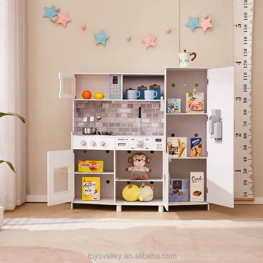 New Kids Role Play Wooden Toys Vintage Kitchen with Cookware Accessories Play Set for Toddlers