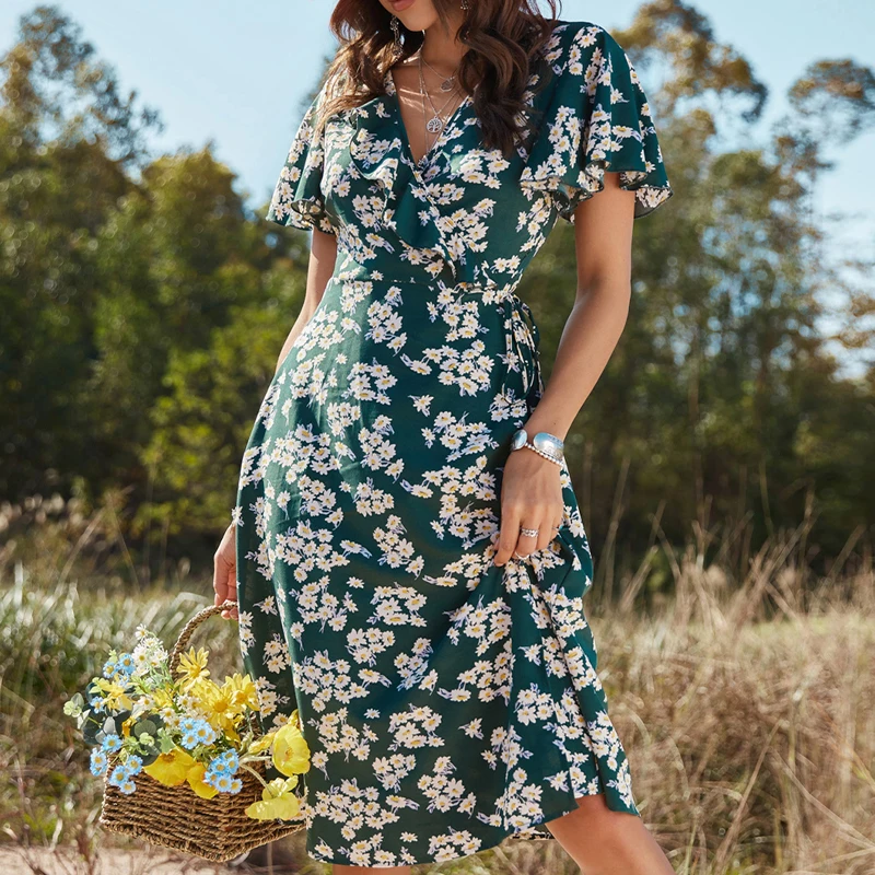 Casual Long Dresses Women Dark Green Elegant V Neck Short Sleeves Midi Skirt Floral Print Chiffon Polyester Lady Dress