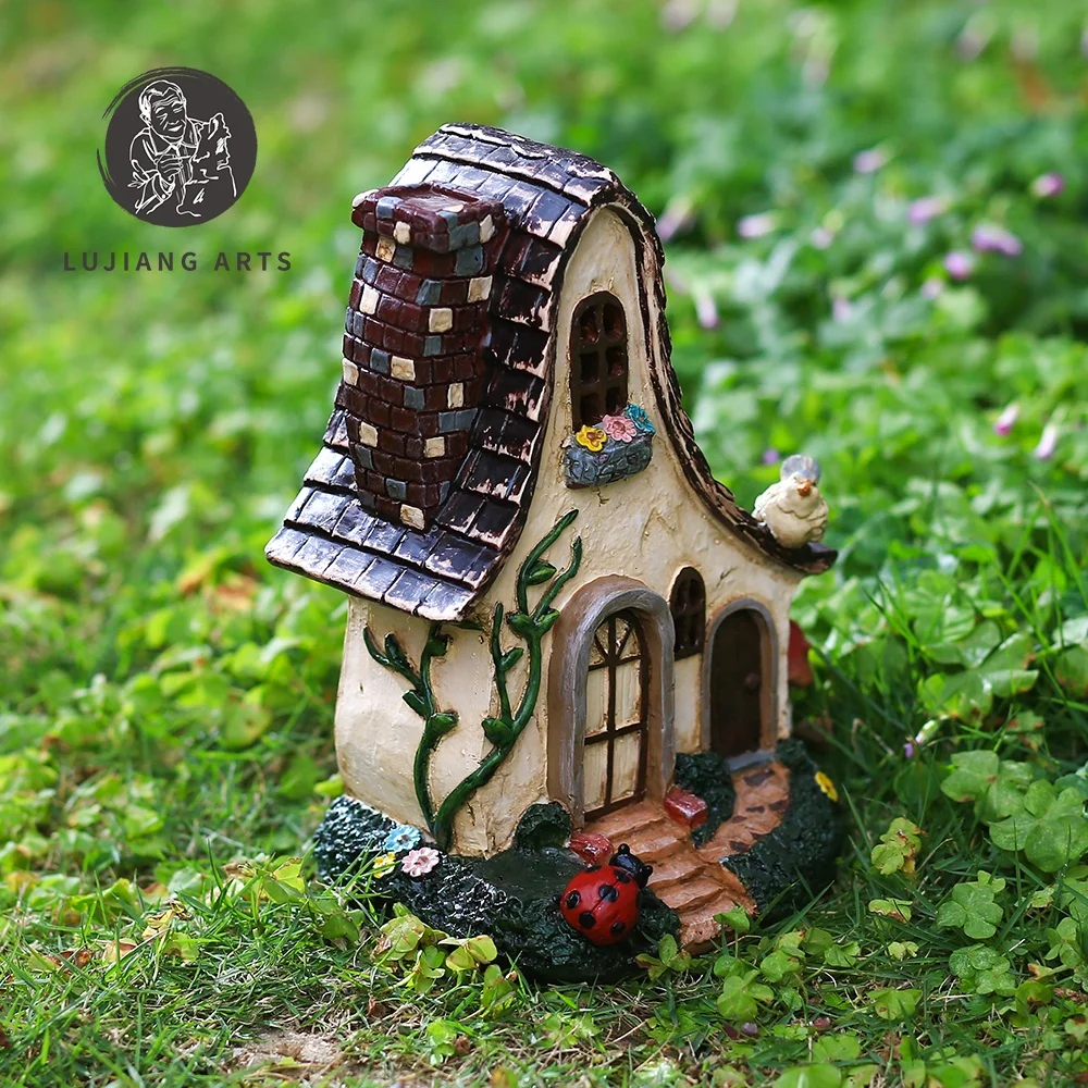 7.8 inch Village Cottage Statue Resin House Sculpture Decoration Fantastic Red Village Cottage Figurine Garden Gift