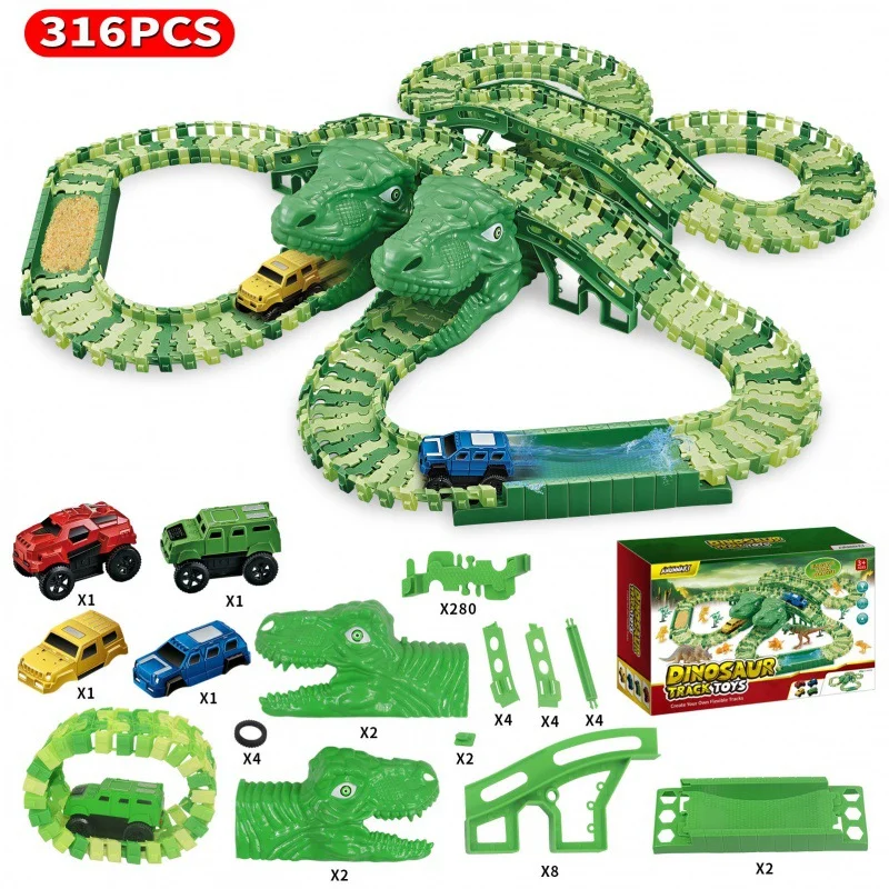Wholesale Puzzle Dinosaur World 3 Tracks Car Assemble 160 Pieces Kids DIY Toy Set Girls Pink Kit Boys Green Kit Track