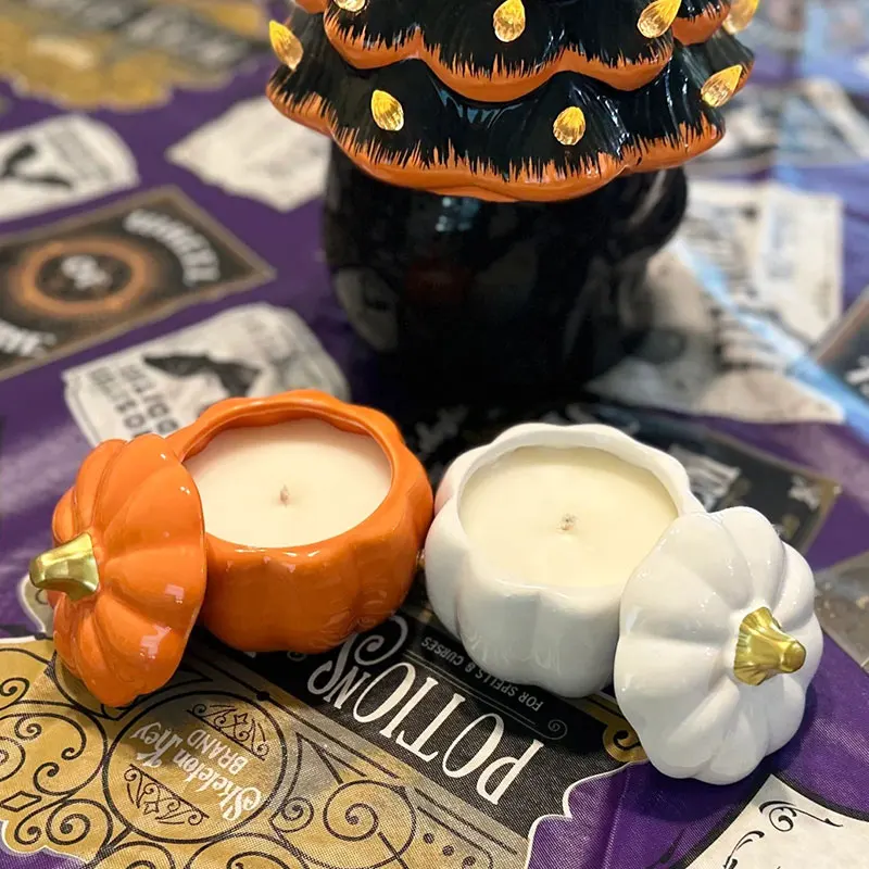 Halloween decor cute pumpkin shape ceramic candles vessels gift custom luxury 7 oz frosted empty candle jar with lid