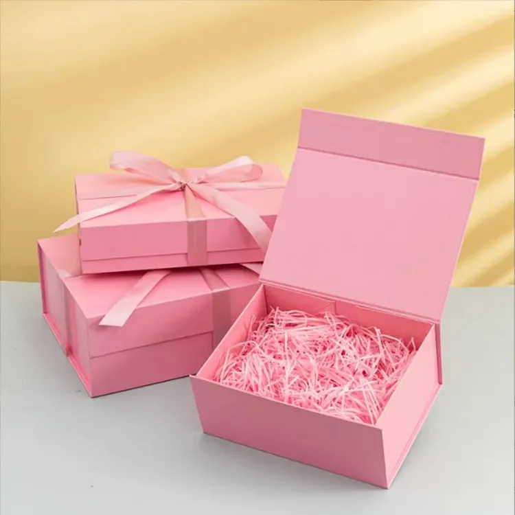 Personalised luxury wholesale christmas pink square magnetic gift present collapsible rigid box with ribbon
