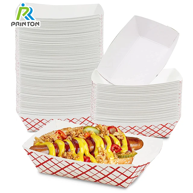 Printon Customized hot selling disposable red and white paper food packaging snack boat tray