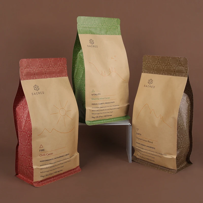 Low MOQ 1kg custom printed  Kraft Paper Pouch Bag doy pack recyclable pouch side gusset coffee pouches with zipper and value