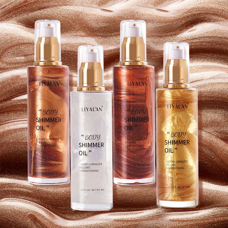 Wholesale Oem Makeup Vegan Tanning Essential 4 Colors Face Luminizer Shimming Spray Bronzer Highlighter Glitter Shimmer Body Oil