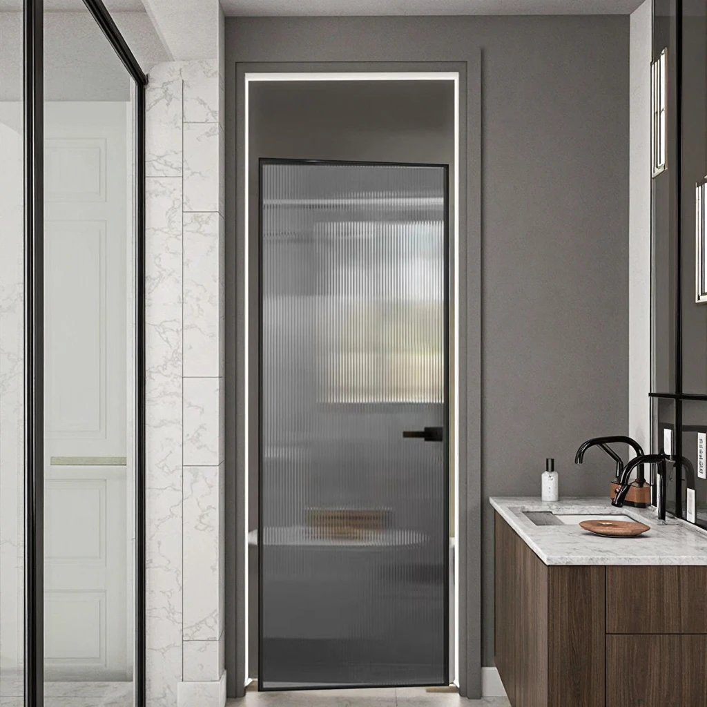 Современный Стиль Скрытая рама распашная дверь узкая из алюминиевого сплава комнатная туалета с качелями стиль для использования в ванной