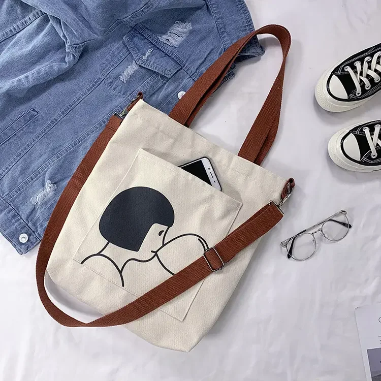 Custom LOGO Print Inside Zip Pocket Crossbody Black Beige Cotton Canvas Messenger Tote Bag with Adjustable Strap Handle