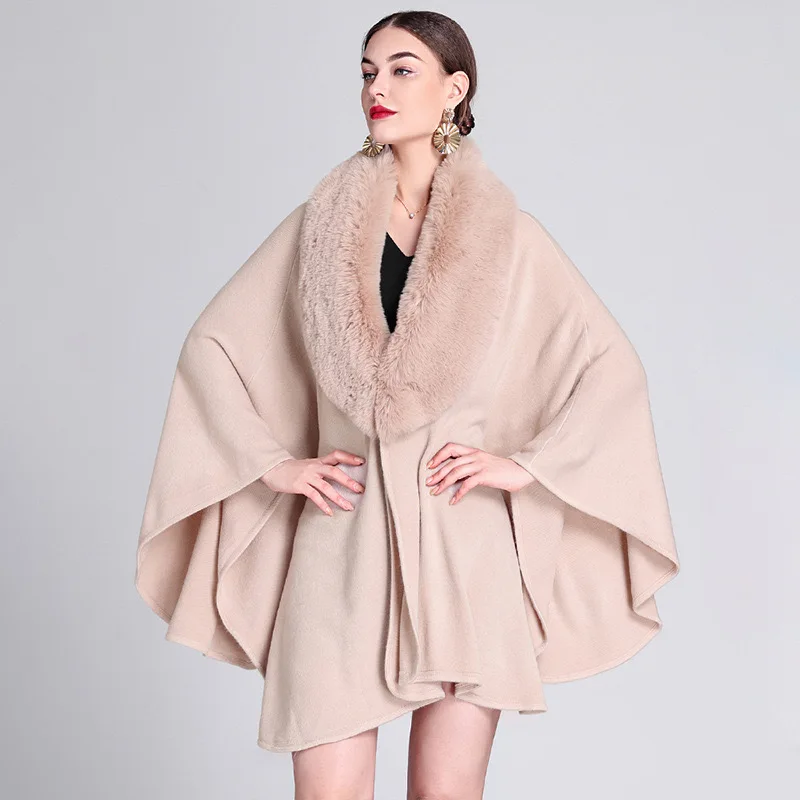 CX-F-S-100A Plain Color Winter Female Stoles Knitted Faux Rabbit Fur Collar Poncho Cape Shawl Wrap Luxury Oversize