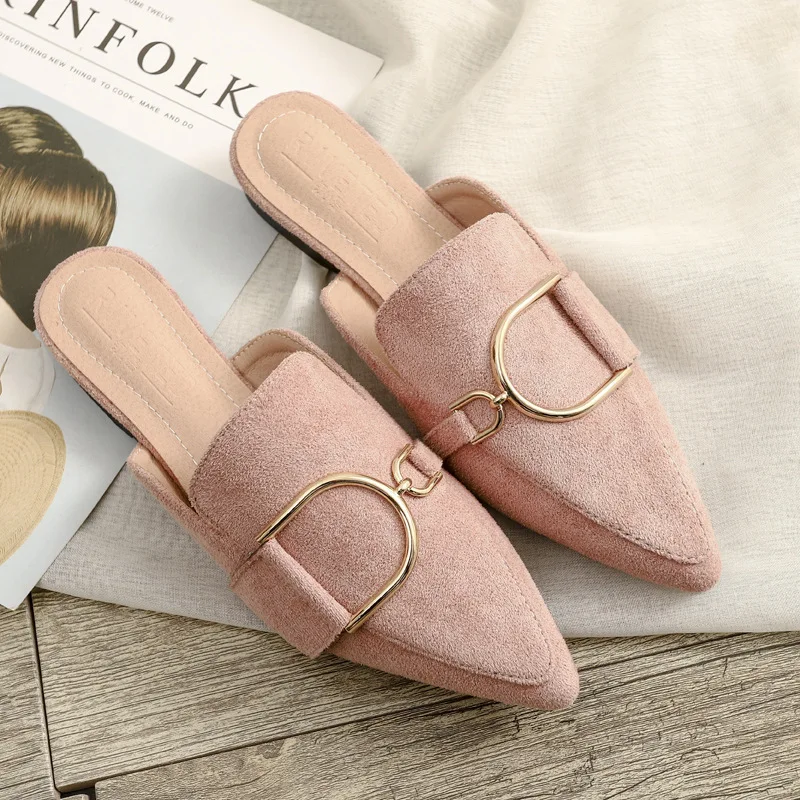 
The New Listing Spring Pointed Toe Slippers Ladies Outdoor Suede Mules Flat Shoes Fashion Causal Woman Shoes 