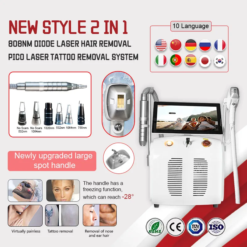 Portable multi-function 2-in-1 ice platinum titanium diode  hair removal Pico ND-YAG Diode carbon skin pigment removal machine