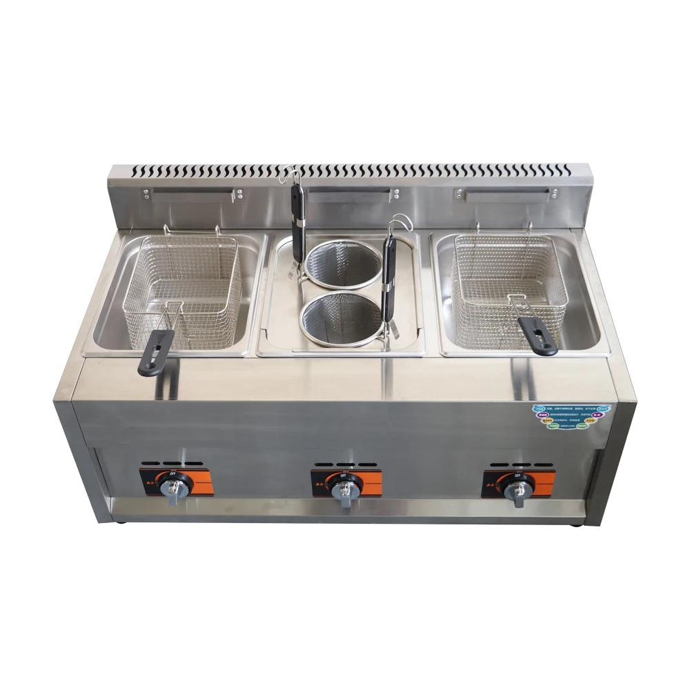 Factory direct selling stainless steel three-cylinder gas fryer Oden industrial gas fryer with basket fried chicken popcorn