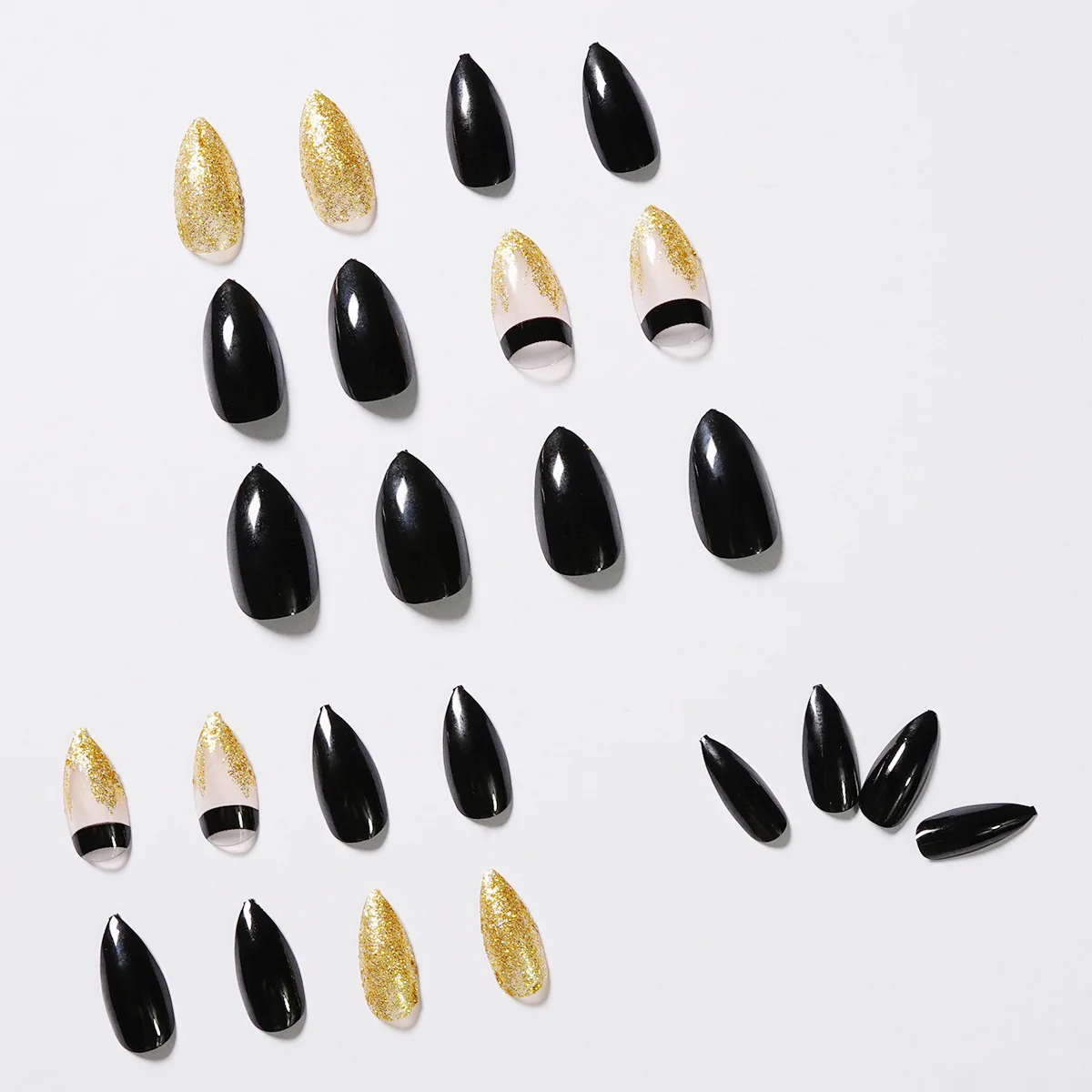 Finished product black and gold glitter nail art vendors reusable press on nails handmade 24 pcs nails