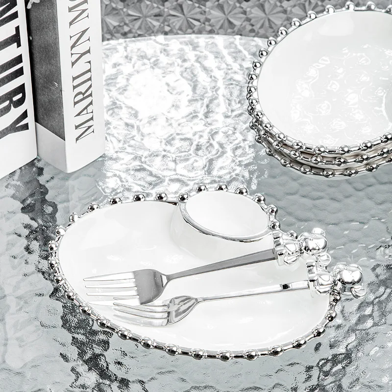 New Creative Silver Edged Dumpling Plate with Vinegar Dish Household Ceramic Divided Plate High Grade Ins Style