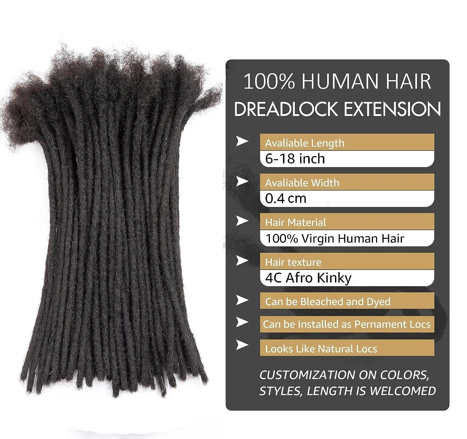 FUJIA 0.4cm and 0.6 0.8cm Thickness Options 6-18 Inch 30 Strands 100% Real Human Hair Dreadlock Extensions for Man\/Women Full H