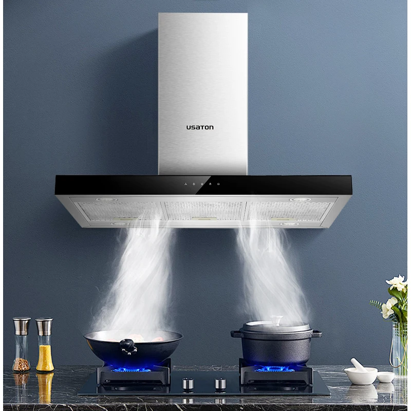 Simple style T-shape low noise touch control island chimney hood led light competitive price kitchen extractor range hood