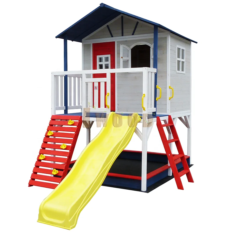 Solid wood playhouse cubbyhouse with slide and climbing ladder and  huge sand box 250*300*300cm
