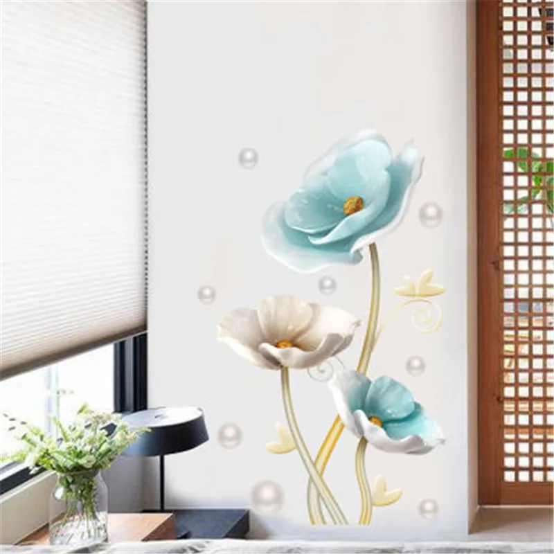 Chinese Style Wall Decor Elegant Blue Lotus Flowers White Pearl Wallpaper For Bedroom Self Adhesive TV Background Wall Mural