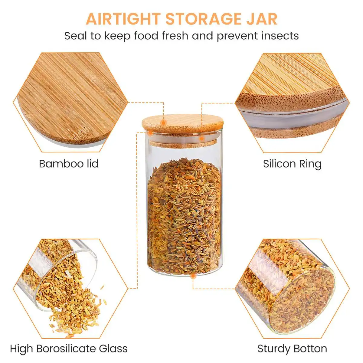 10Pcs/Set Kitchen Spice Jar Set Glass Sealed Spice Jars With Bamboo Lids Set For Coffee Beans Grains