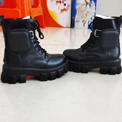 Autumn Big Size Anti-slip Thick Sole Lace Up Women Boots Buckle Round Toe Ankle Boots For Lady Platform Pocket Ornament Booties