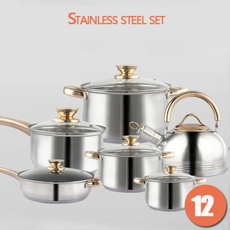 12pcs stainless steel cooking cookware pots and pans sets wok saucepan metal logo custom oem safe pots cover body color handle