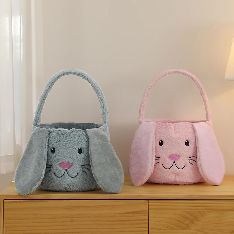 Wholesale Custom Fluffy Gift Egg Bucket Kids Puffy Plush Long Bunny Bags Ears Sublimation Easter Baskets