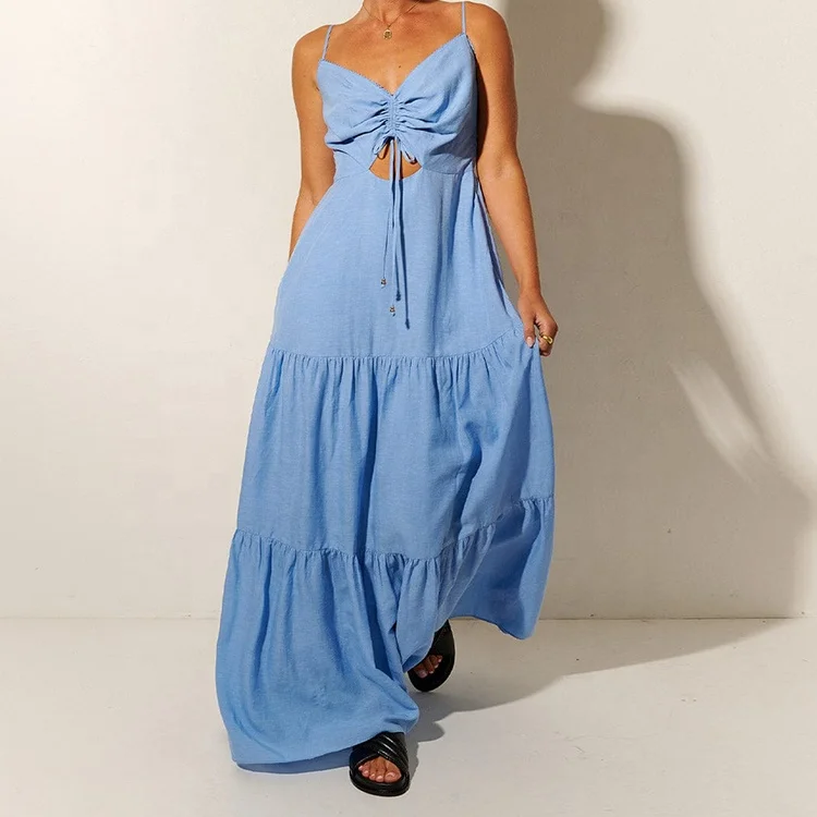 Low MOQ Factories Custom Maxi Dresses Women Summer Clothing High Quality Hollow Out Pleated Linen Beach Vaction  Dress