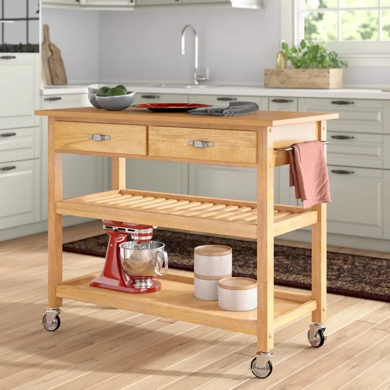 
 Classic rubber wood kitchen island cart with a wooden top  