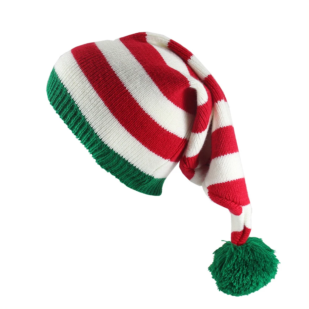 HC322 Christmas Santa Hat Knitted Xmas Party Beanie Elf Hat Unisex Adults Striped Winter Hats Keep Warm Caps
