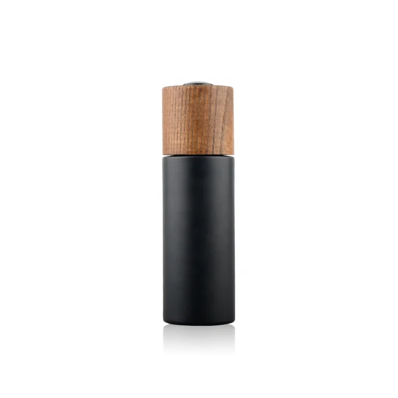 Elegant Matte black glass cosmetic bottles cream jars  with ash wooden lids for cosmetic packaging