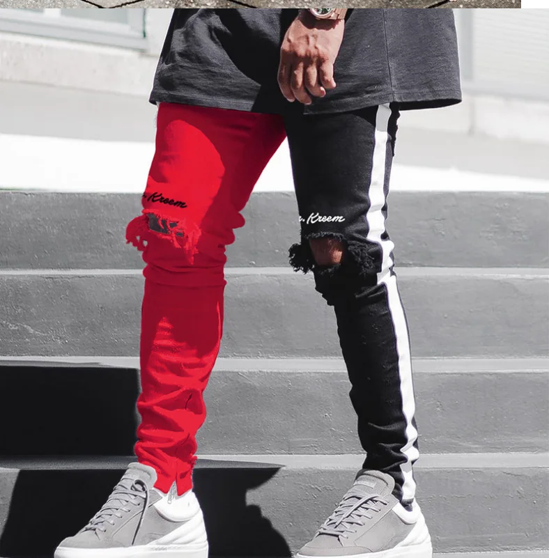 Fashion two tone slim fit distressed hip hop pants high street stretch skinny ripped custom denim jeans for men