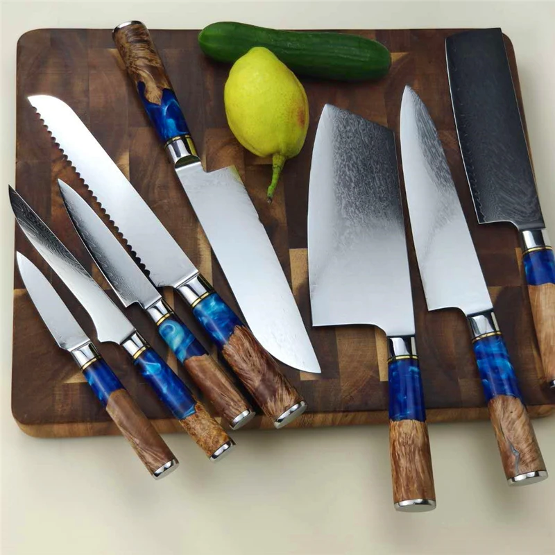 
Dropshipping Hot Selling 67 Layers Damascus Steel Kitchen Chef santoku slicing bread cleaver butcher utility paring Knife Set 