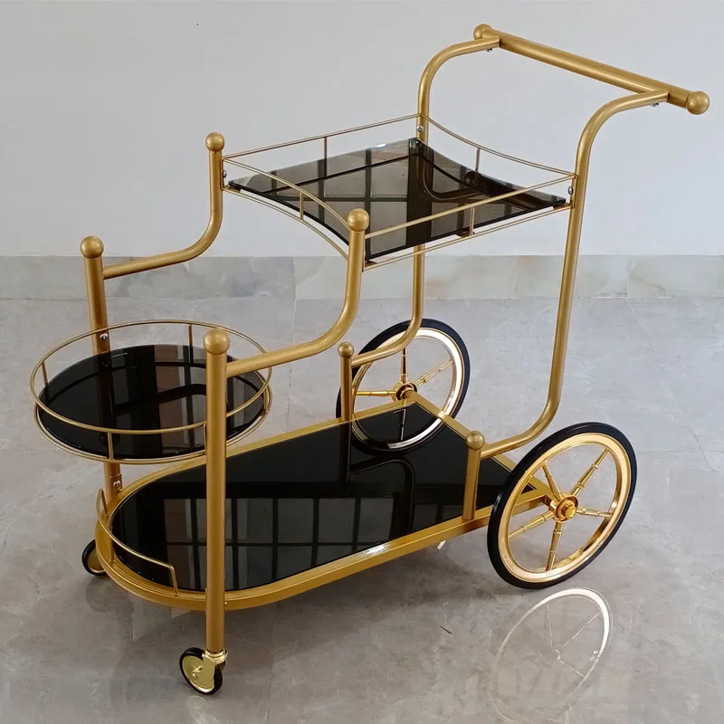 Custom Luxury Metal Drink Wine Display Racks Trolley Gloss Silver Bar Cart