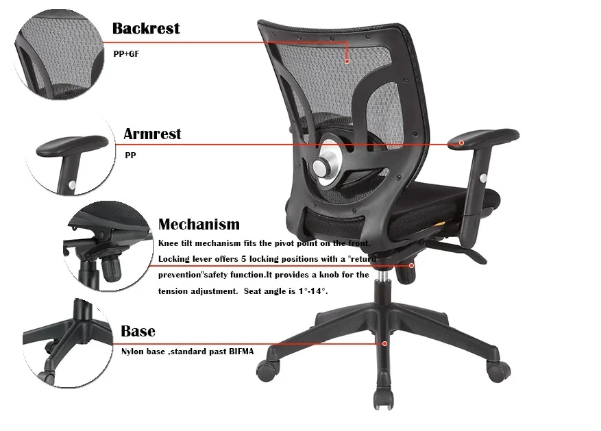 Kabel Mid Back Adjust Height Armrest Nylon Base Computer Mesh Office Chair