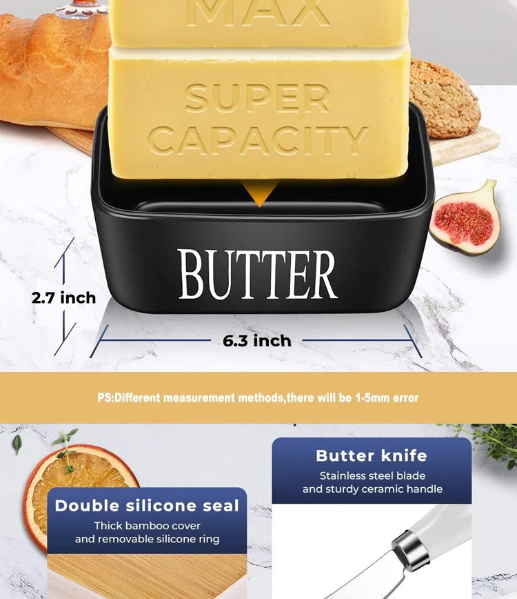 Bamboo Cover Rectangular Ceramic Butter Box with Knife White Ceramic Tank with Sealed Lid Kitchen Storage Container